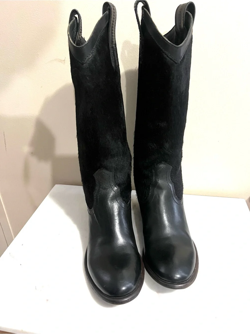 Frye Black Leather and Haircalf Over-the-Knee Boots
